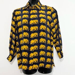 Piano100% Silk Blouse Navy/Golden Playful ELEPHANTS Art-to-Wear Breathable VTG M